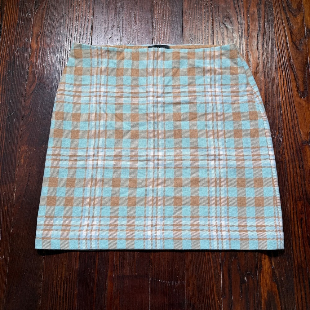 Talbots Skirt Womens 14P Blue Brown Plaid Wool Blend Lined Side Zip Mini